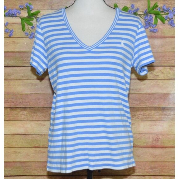 Polo Ralph Lauren Blue White Striped V-Neck Nautical T-Shirt Size XL Preppy - Picture 1 of 10